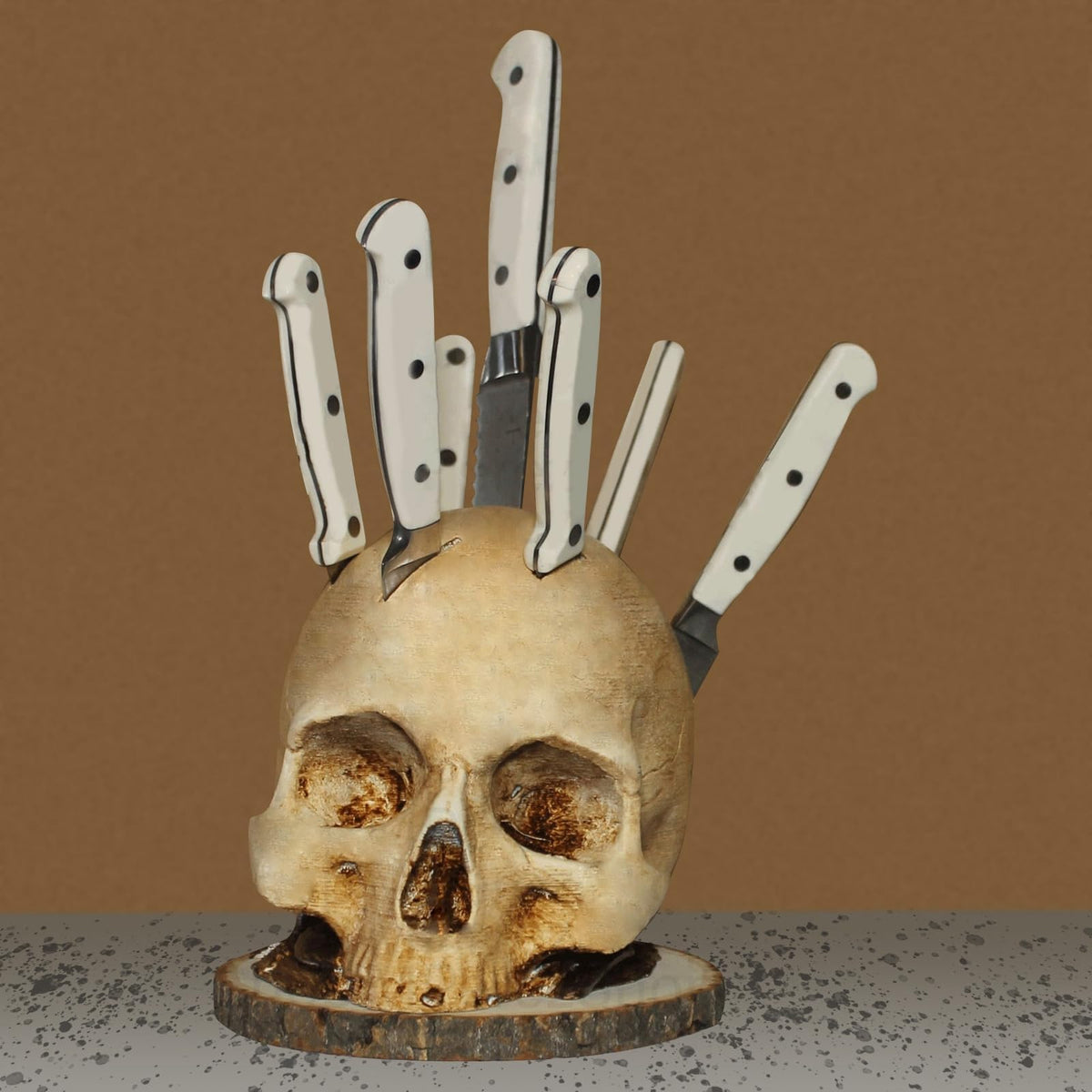 CAREEN skull knife holder on kitchen counter for easy knife access.
