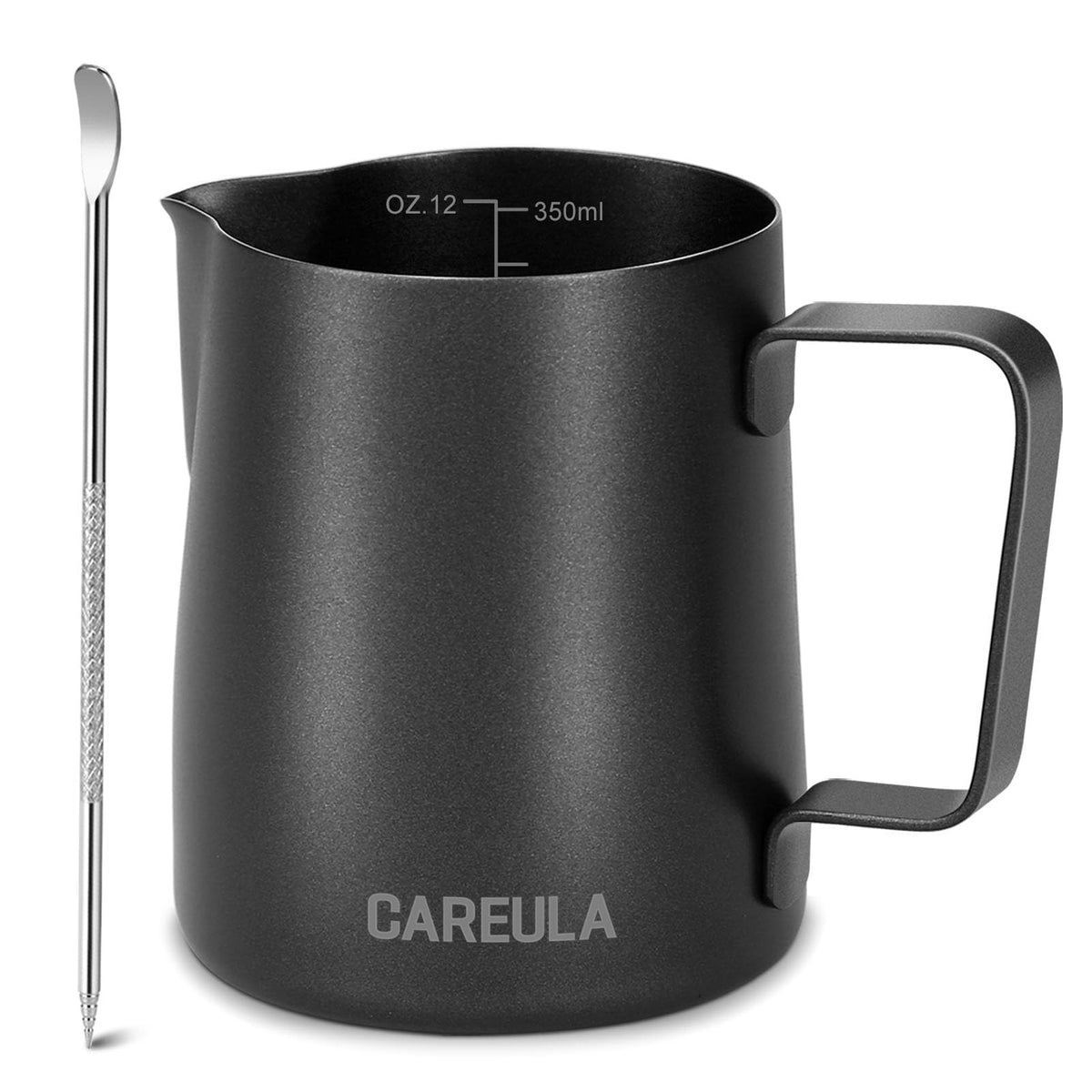 Careula milk frothing pitcher 12oz with matte black finish and pour spout