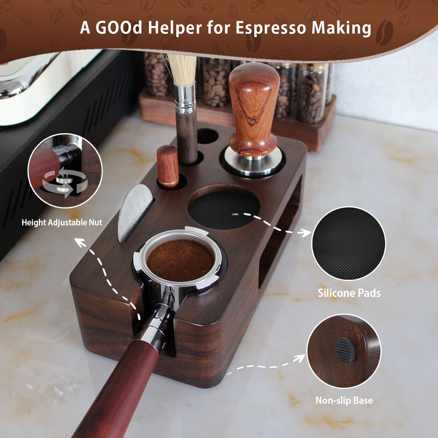 Carfeel non-slip feet protect counters during tamping.