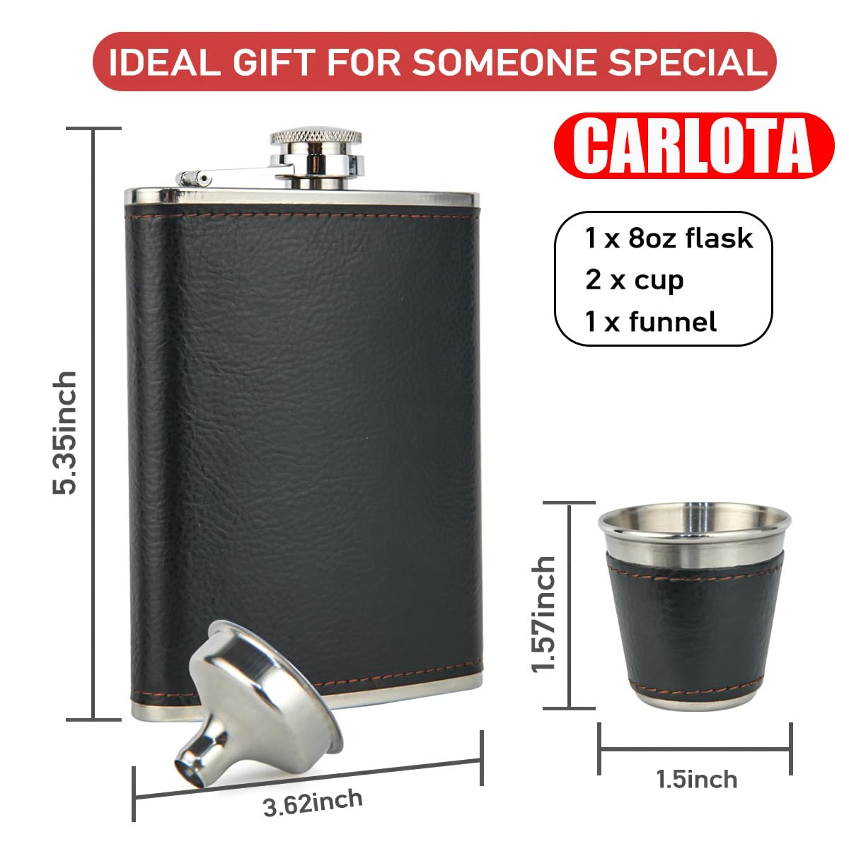 CARLOTA 8oz hip flask with stainless steel body and included cups for sharing.