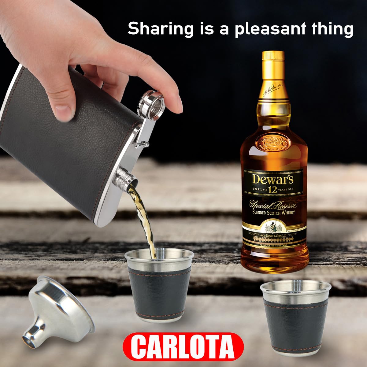 CARLOTA hip flask shown in pocket-ready side view for travel.