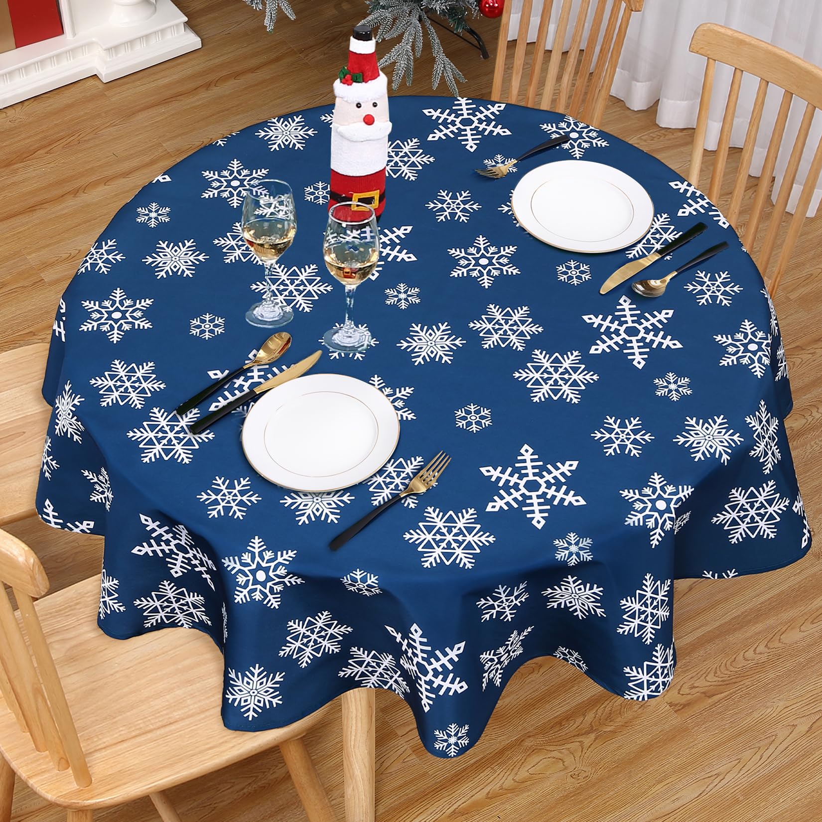 CAROMIO blue snowflakes tabletop setup in a dining room for Christmas ambiance.