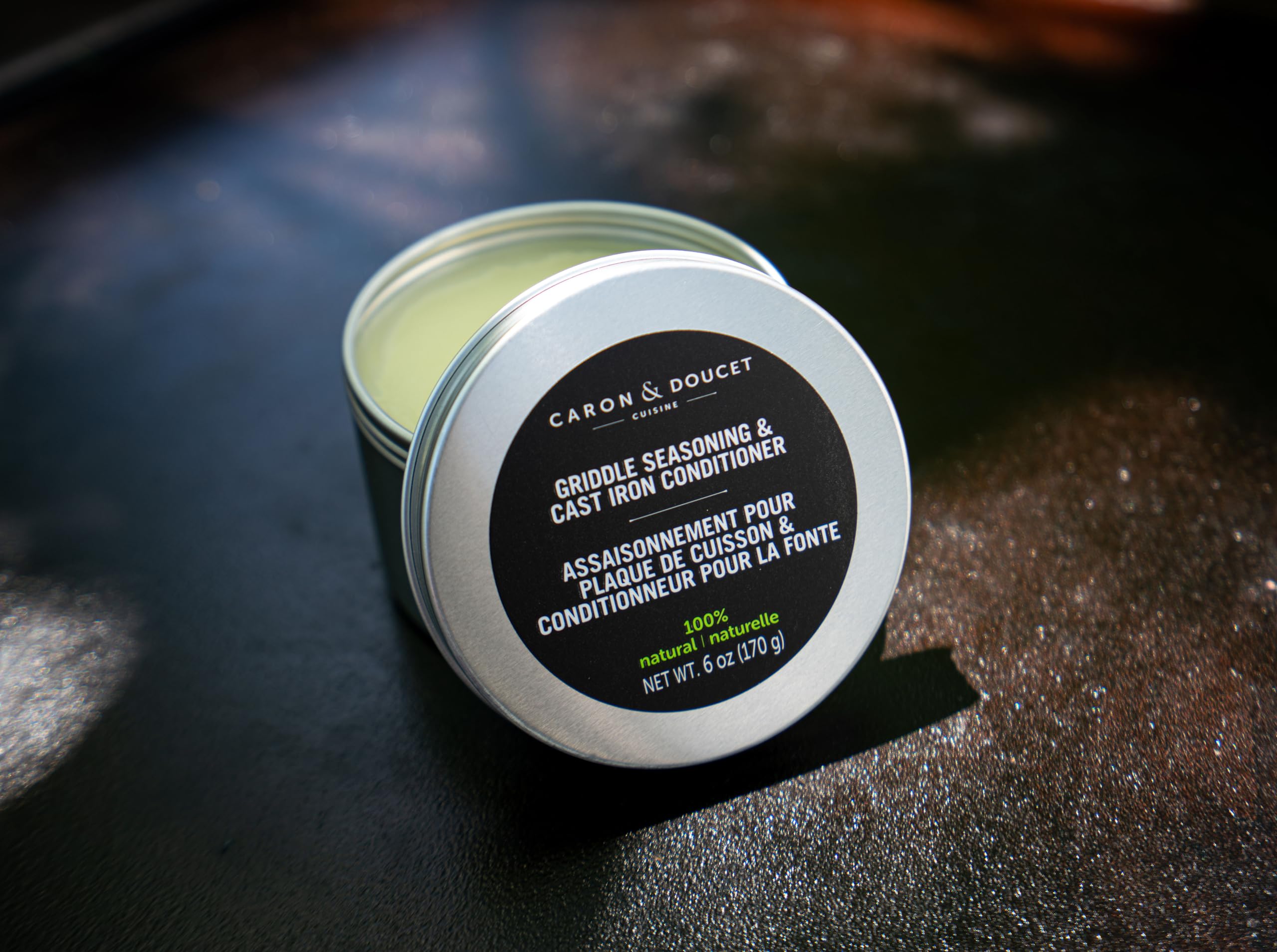 Caron and Doucet cast iron conditioner applied to a hot pan.