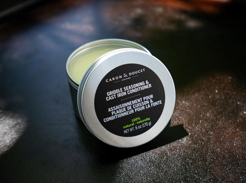 Caron and Doucet cast iron conditioner applied to a hot pan.