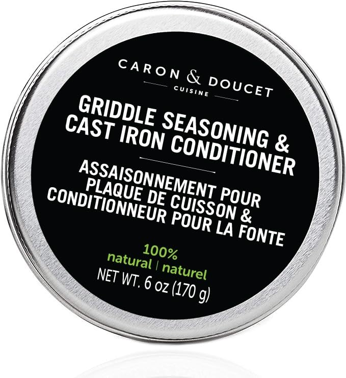 Caron and Doucet griddle seasoning bottle pour creates a protective nonstick coating.