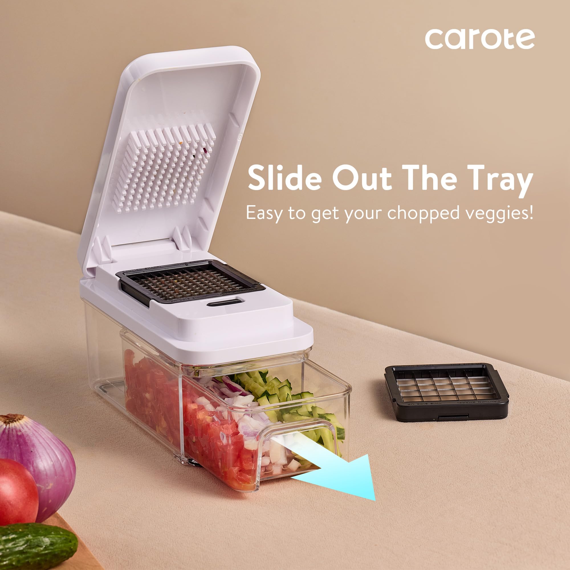 CAROTE 1.2L slide-out container catches chopped ingredients for easy transfer.