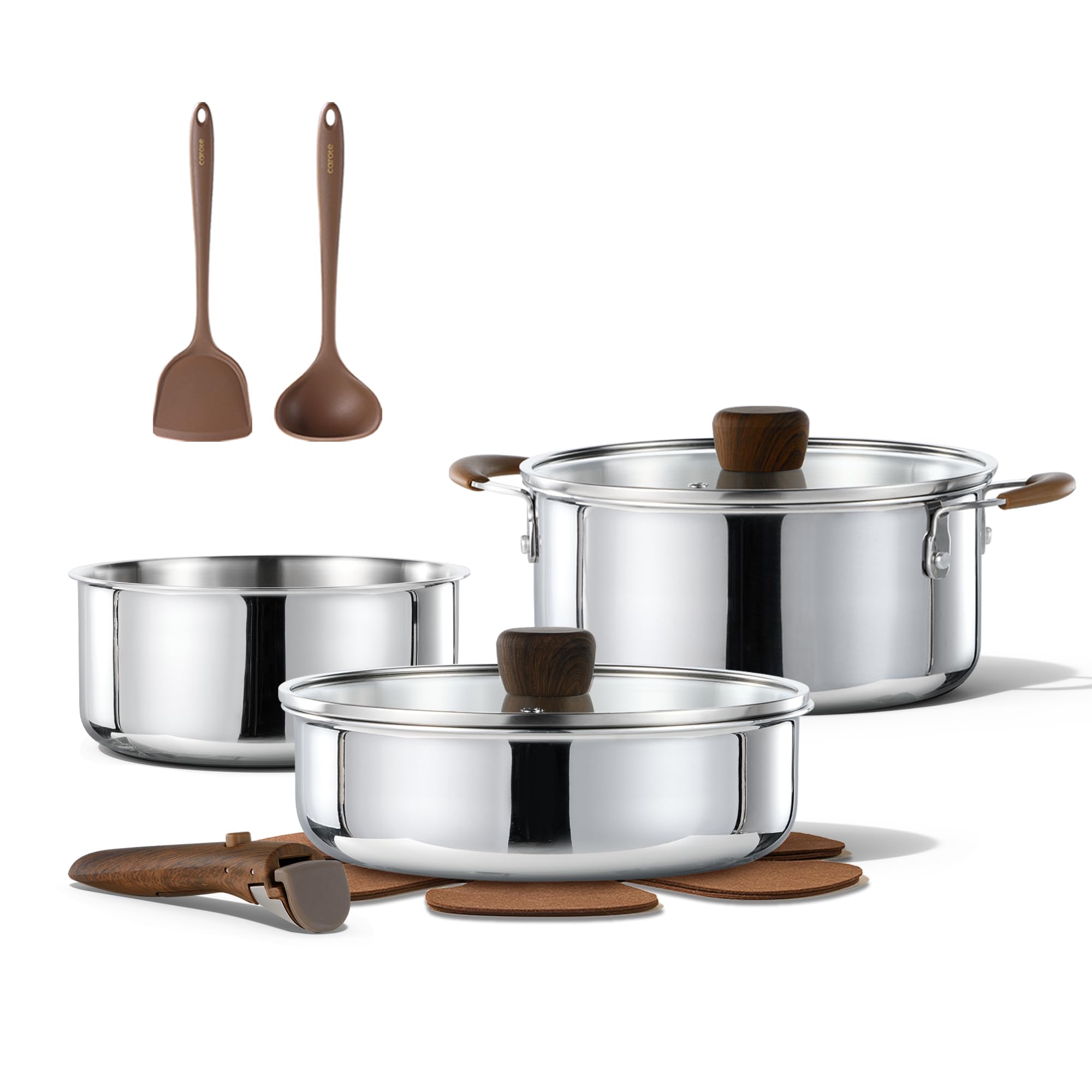 CAROTE 10-piece cookware with detachable handle saves cabinet space for small kitchens.