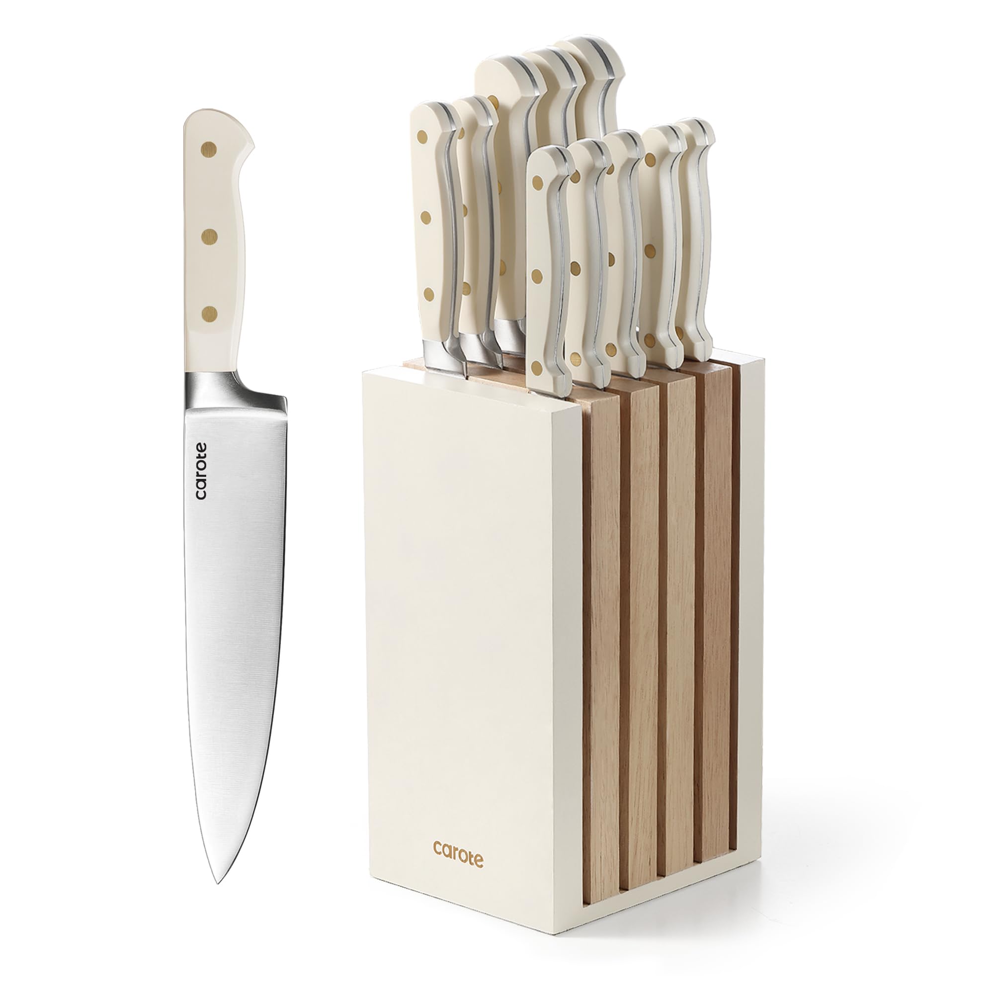 CAROTE 11-piece knife set with block for versatile kitchen prep and storage.