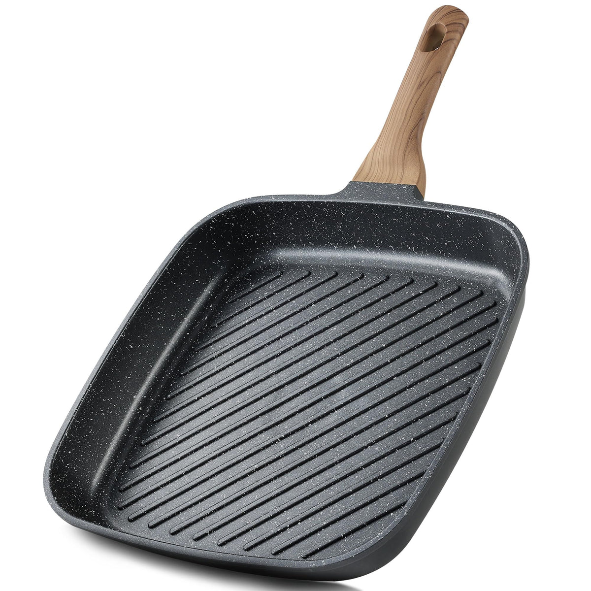 CAROTE 11-inch nonstick grill pan on stove delivering even searing.
