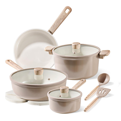 CAROTE 12-piece ceramic cookware set in taupe, non-stick for easy cooking and cleaning