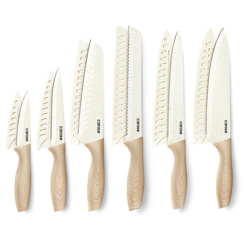 CAROTE 12-piece knife set with blade guards for safe kitchen storage.