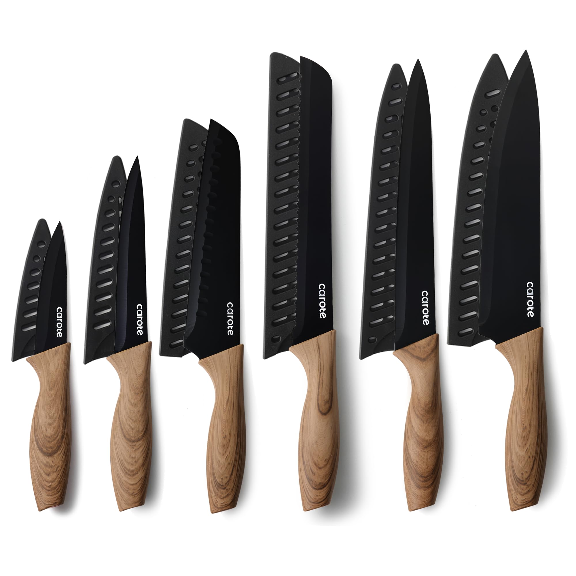 CAROTE 12pcs knife set demonstrates versatile slicing and dicing in a modern kitchen.