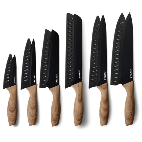 CAROTE 12pcs knife set demonstrates versatile slicing and dicing in a modern kitchen.