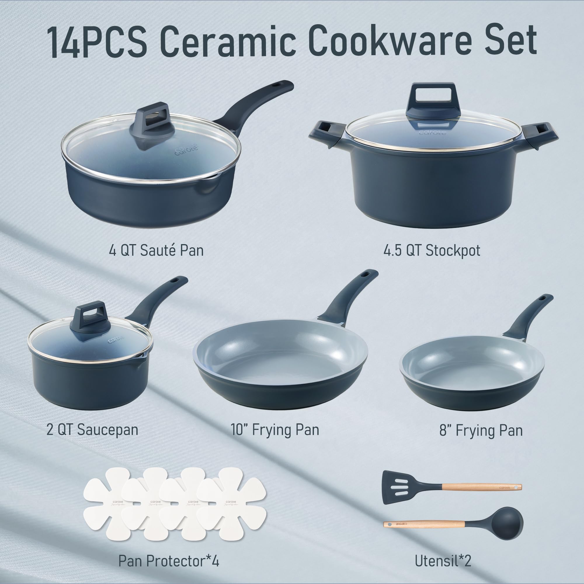 CAROTE 14-pc ceramic set: 10in fry pan for versatile cooking.
