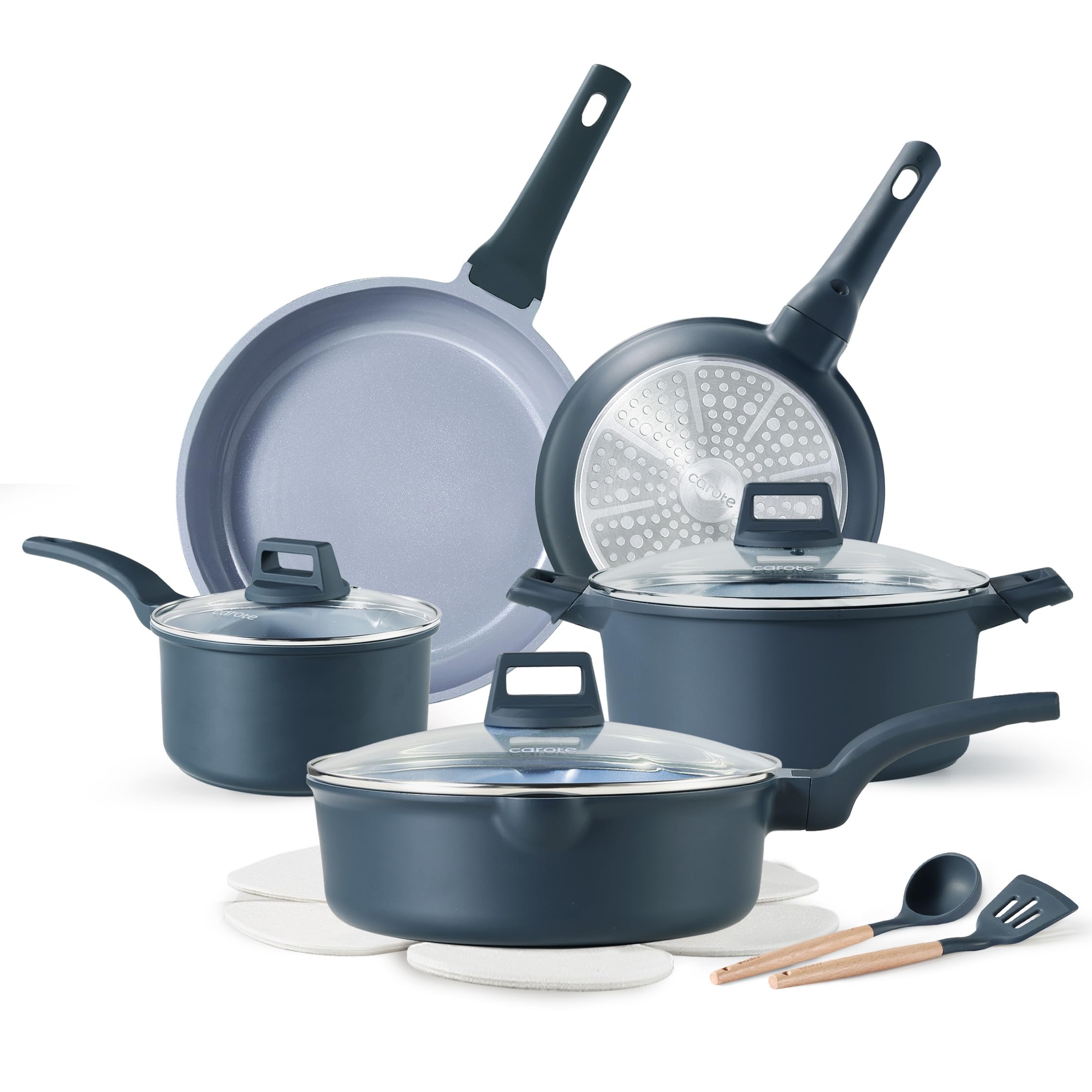 CAROTE 14-pc ceramic set: 8in fry pan for easy nonstick cooking.