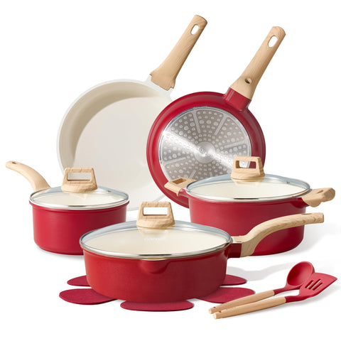 CAROTE 14-pcs ceramic cookware set with even heat distribution for smooth cooking.