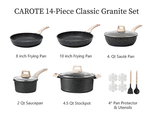 CAROTE 14p cookware set 10in fry pan for even heating and versatility.