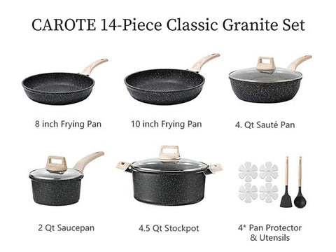 CAROTE 14p cookware set 10in fry pan for even heating and versatility.