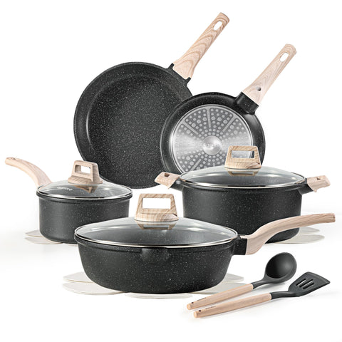 CAROTE 14p cookware set 8in fry pan for quick searing and easy release.