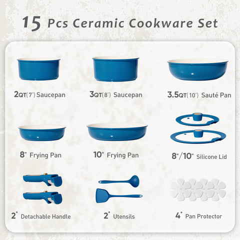 CAROTE 15Pcs ceramic cookware set blue-gold pans enabling smooth food release.