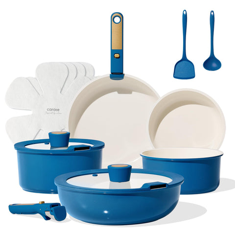 CAROTE 15Pcs ceramic cookware set blue-gold pots for easy nonstick cooking.
