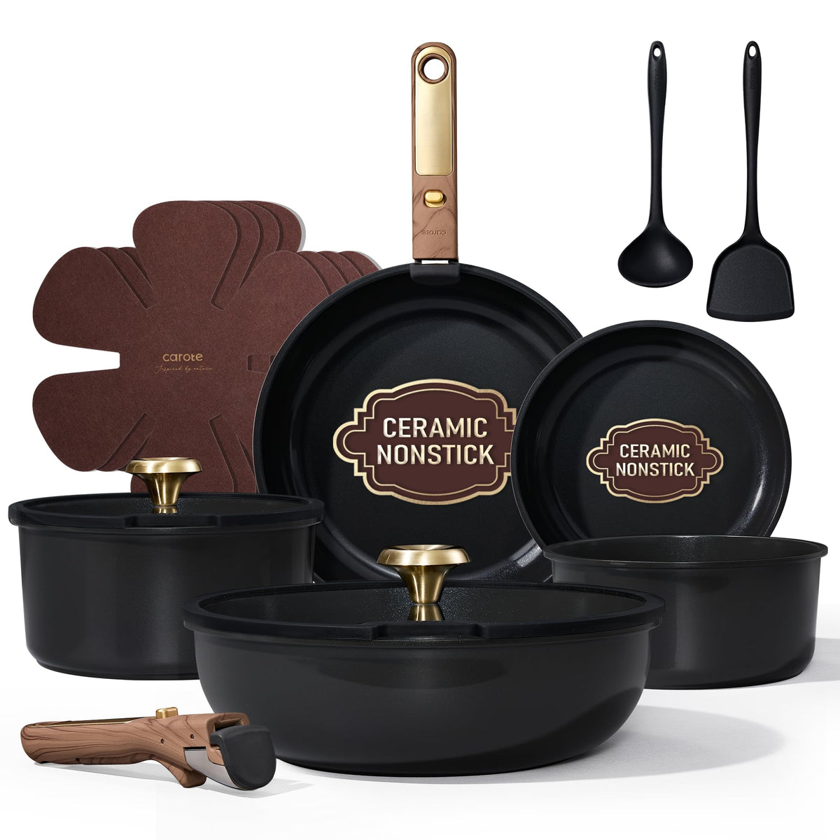 CAROTE 15-piece ceramic cookware set packshot showcases sleek design and easy cleaning.