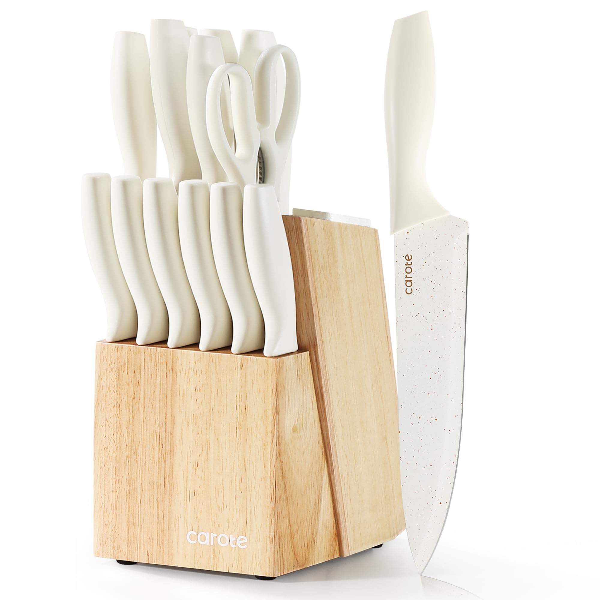 CAROTE 15-piece knife set with white ceramic blades for precise slicing.