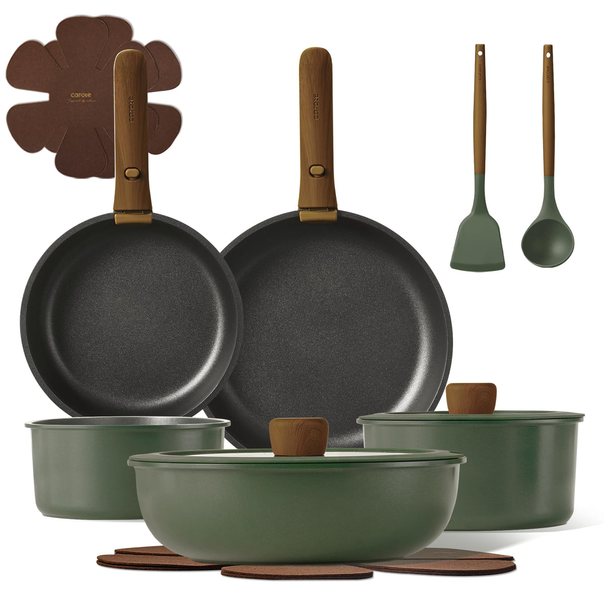 CAROTE 15-piece pots and pans set with detachable handle for space-saving storage.