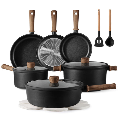 CAROTE 16-piece nonstick set on stove for effortless food release and cleanup