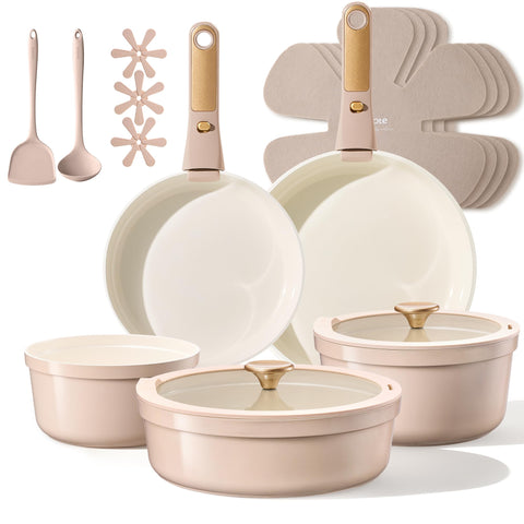 CAROTE 18-pcs ceramic cookware set with titanium nonstick coating for easy cooking.
