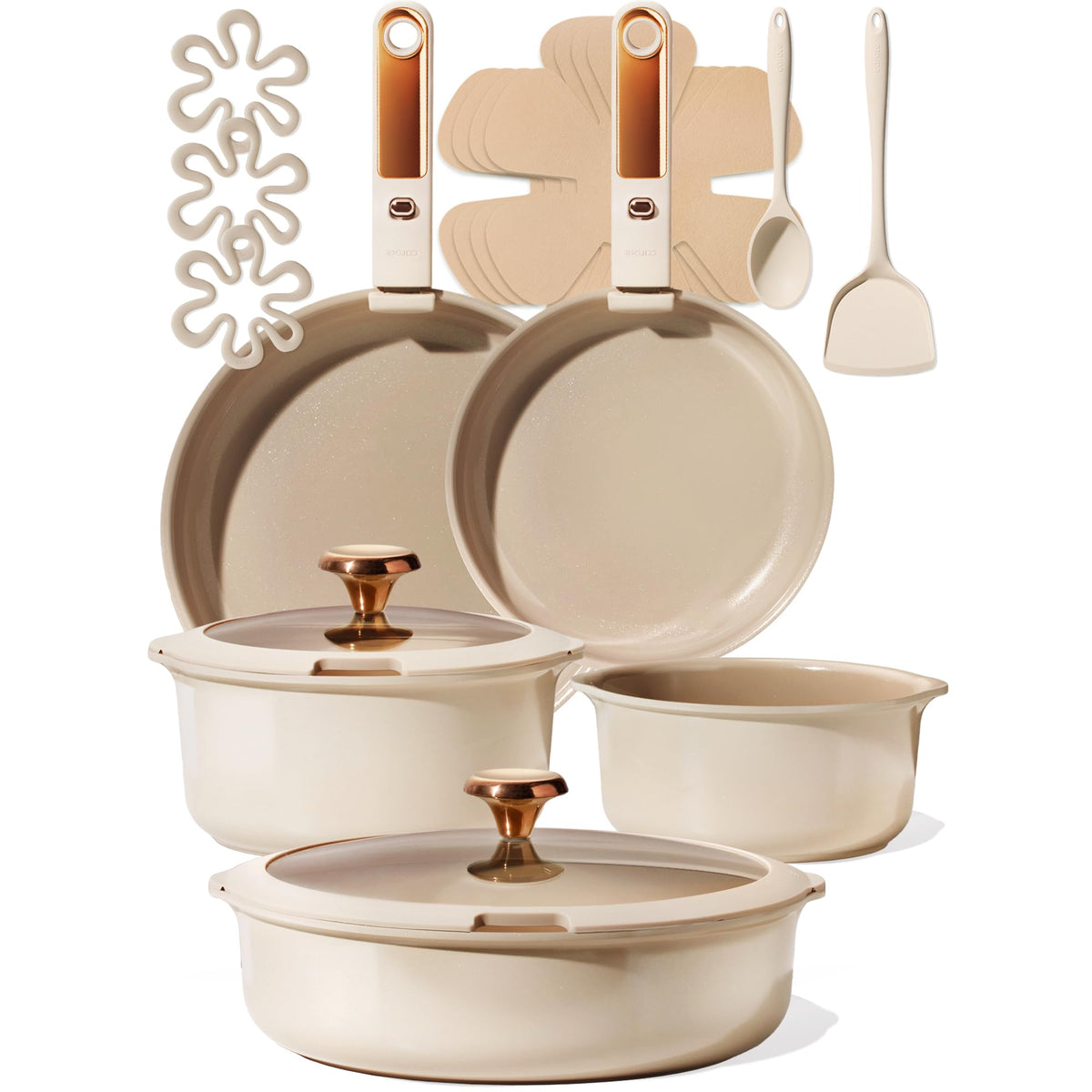 CAROTE 18-piece ceramic cookware with detachable handle for compact storage.