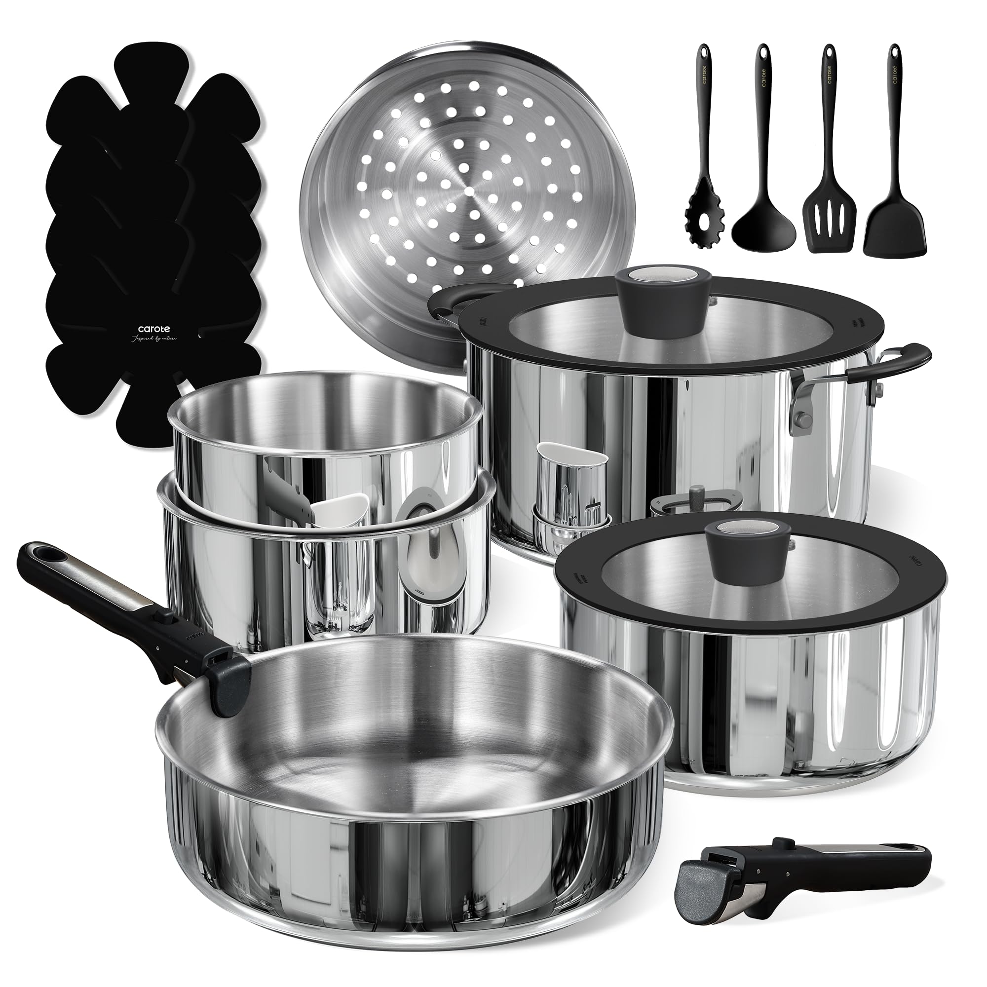 CAROTE 18pc stainless steel cookware set for everyday cooking.