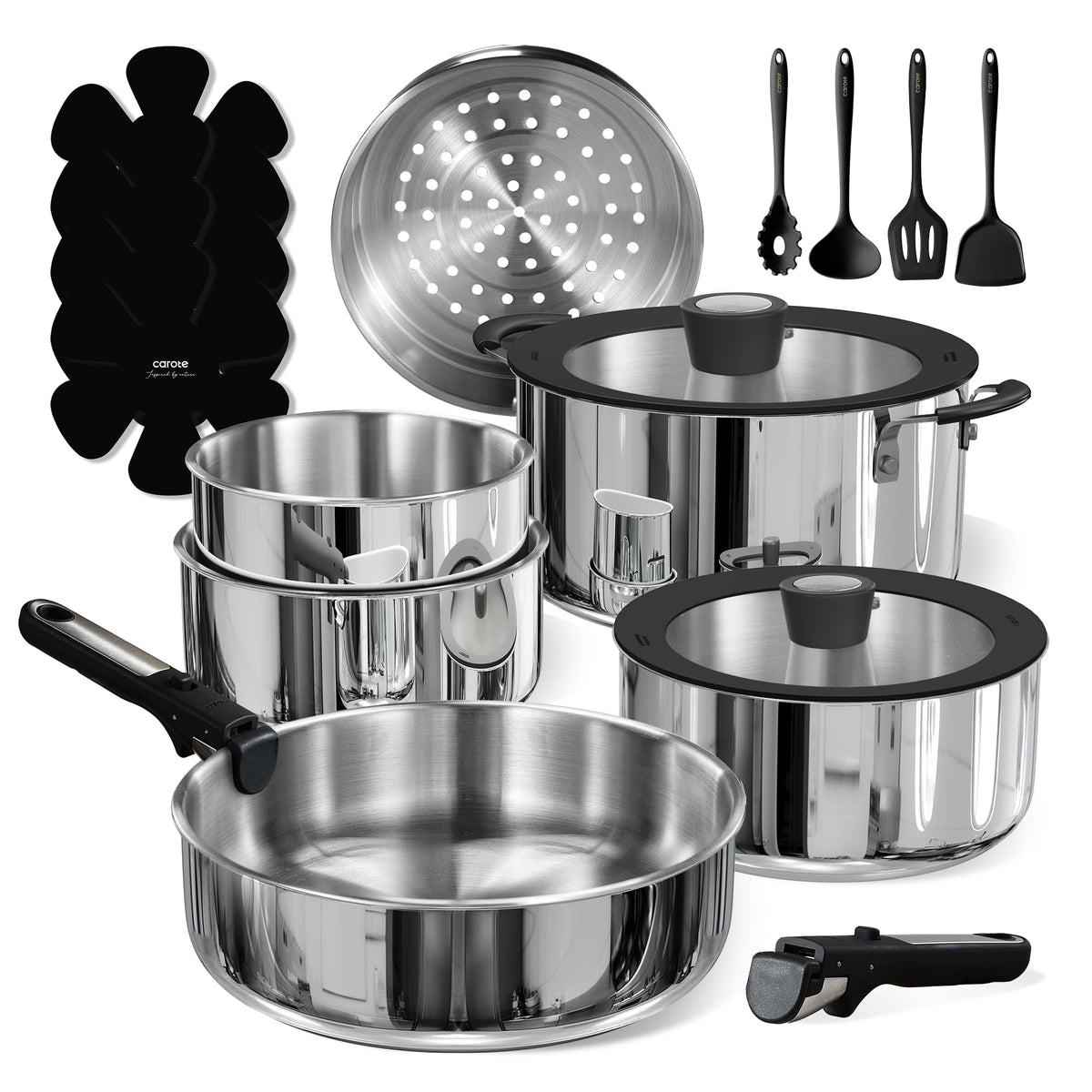 CAROTE 18pc stainless steel cookware set for everyday cooking.