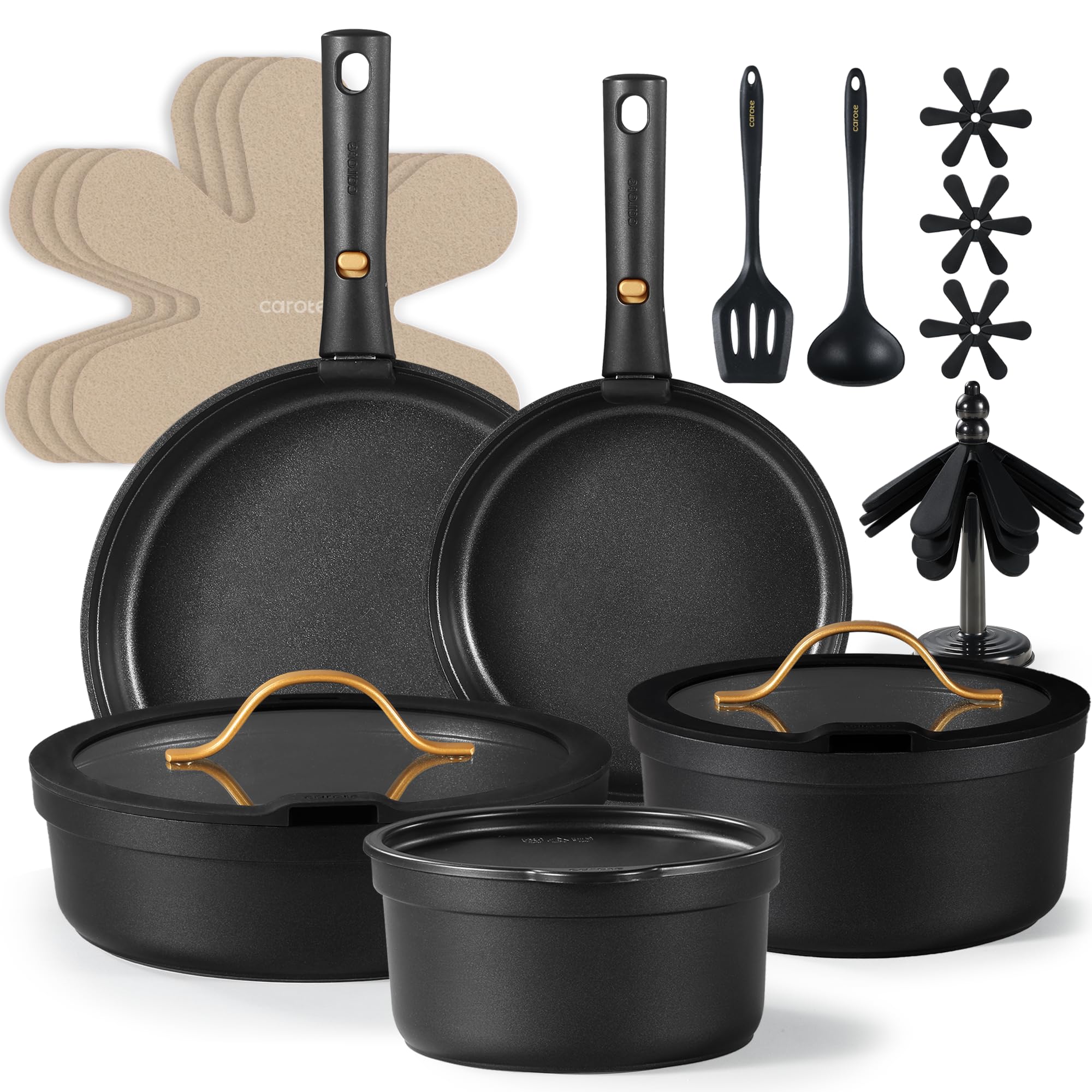 CAROTE 19pcs nonstick set enables effortless cooking and cleanup.