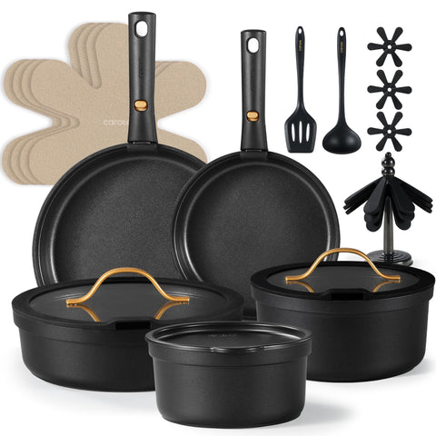 CAROTE 19pcs nonstick set enables effortless cooking and cleanup.