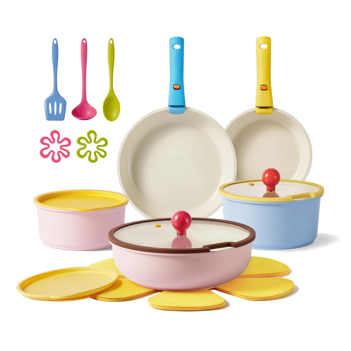 CAROTE 20-piece ceramic cookware set with detachable handle for versatile stovetop use and easy storage