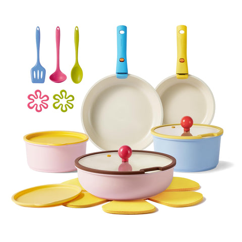 CAROTE 20-piece ceramic cookware set with detachable handle for versatile stovetop use and easy storage