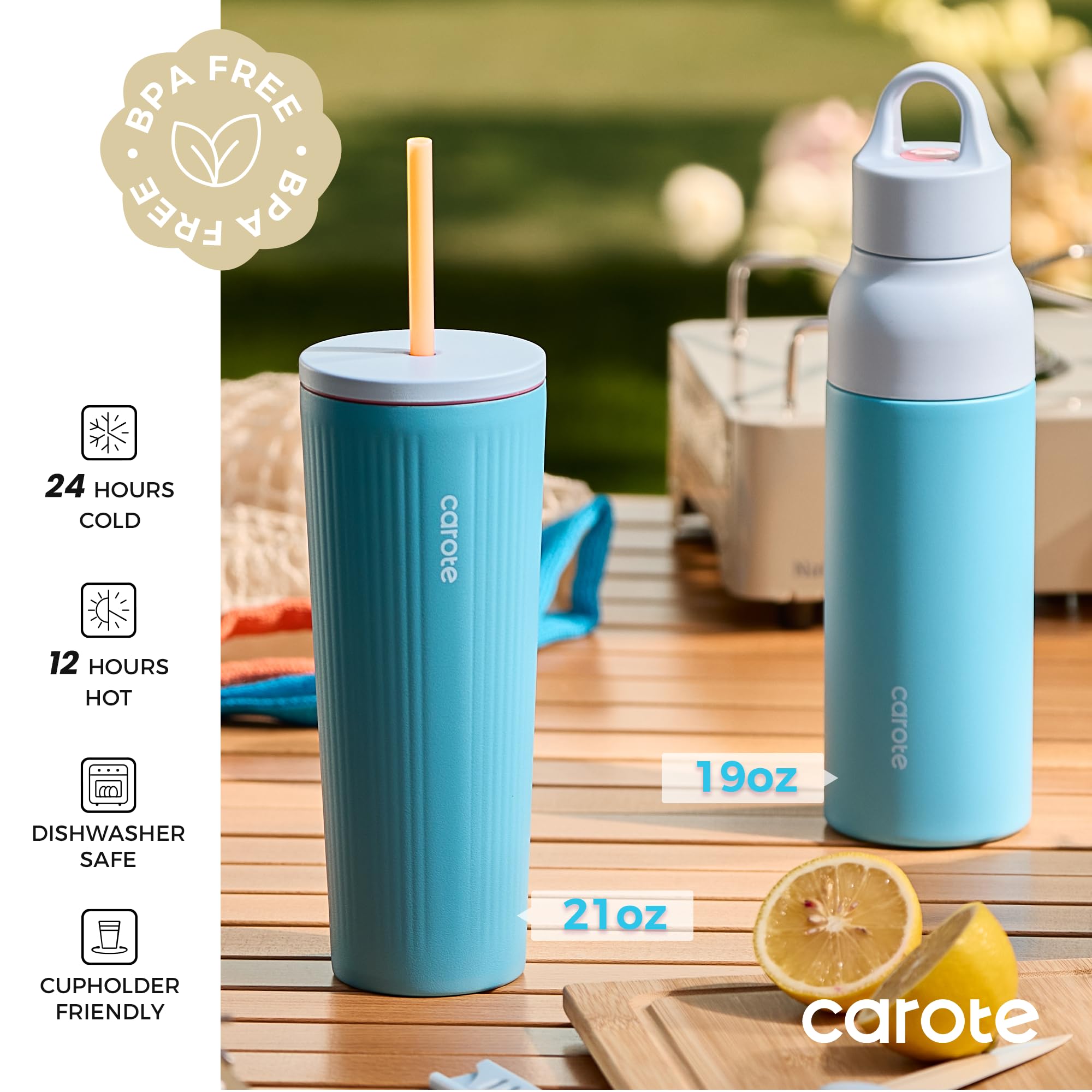 CAROTE 21 oz tumbler with lid and straw for easy, spill-free refreshment.
