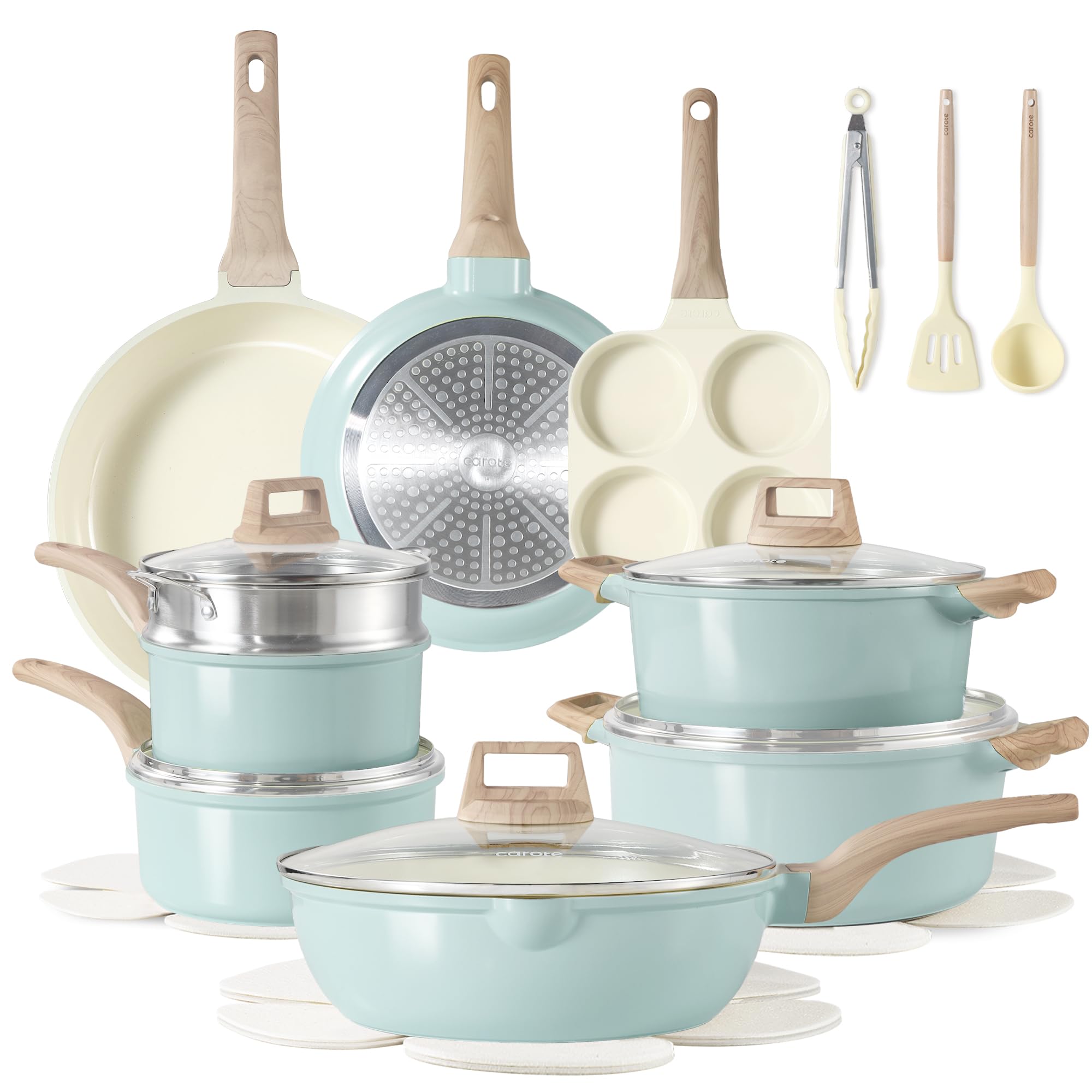 CAROTE 21pc ceramic cookware set in top view for versatile daily cooking.