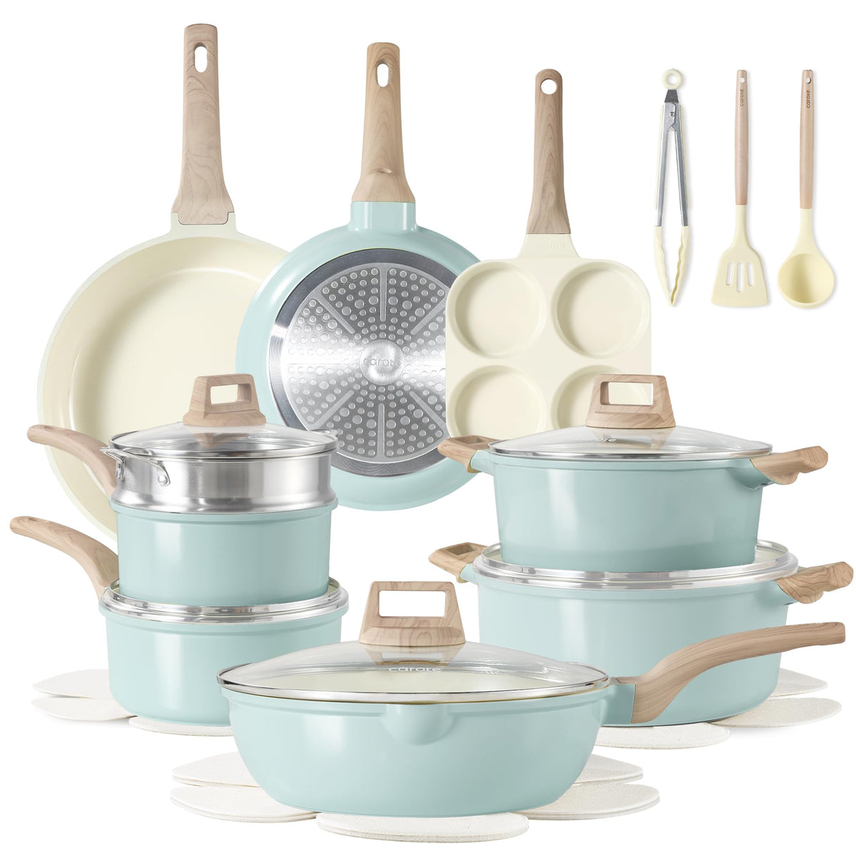 CAROTE 21pc ceramic cookware set in top view for versatile daily cooking.