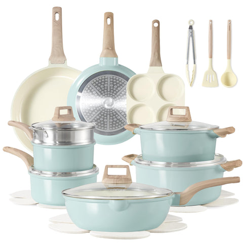 CAROTE 21pc ceramic cookware set in top view for versatile daily cooking.