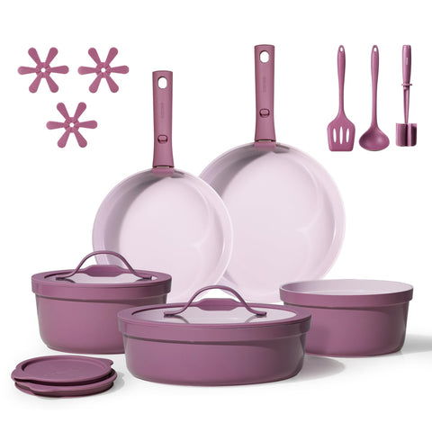 CAROTE 21-piece ceramic cookware set in purple for versatile cooking and easy cleanup