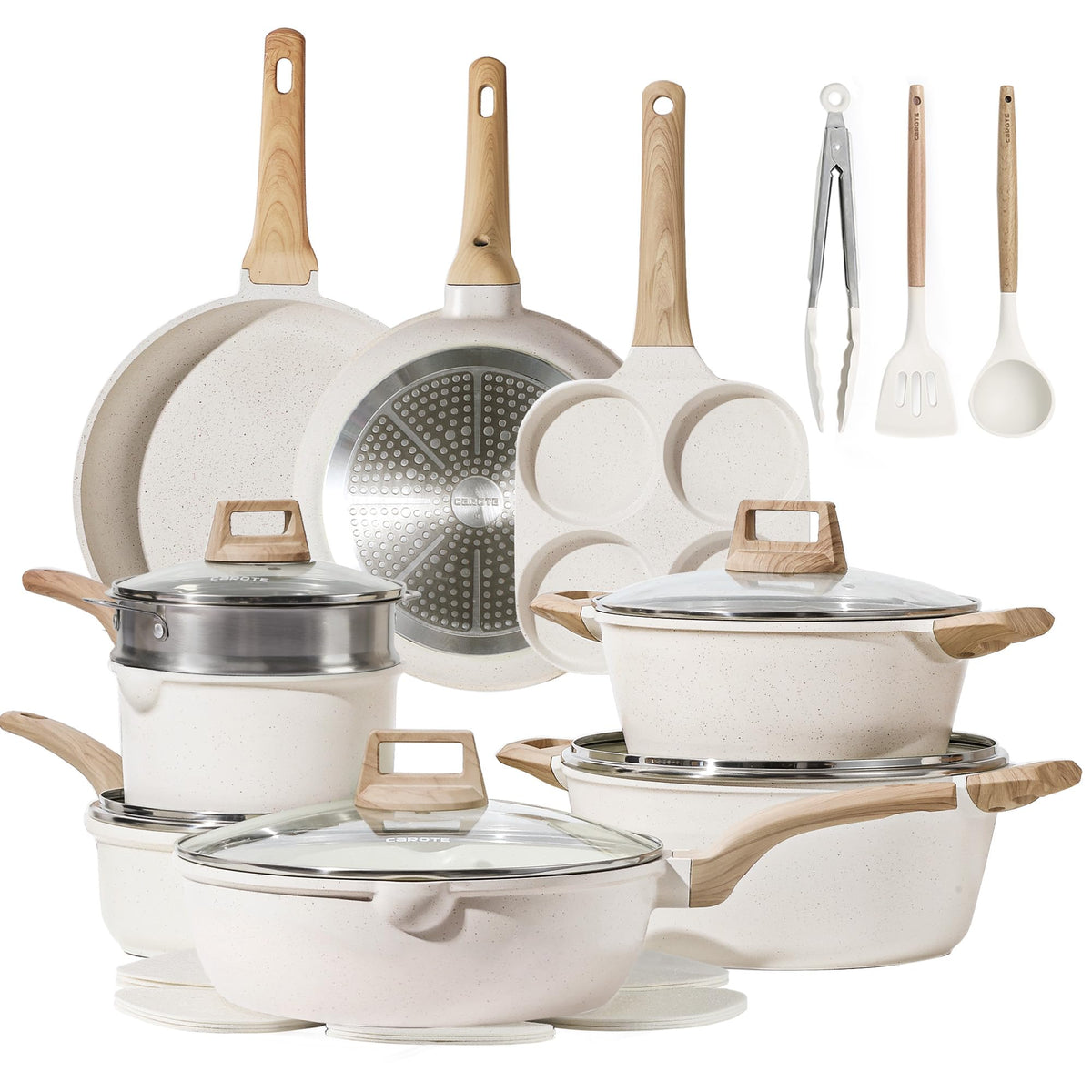 CAROTE 21Pcs pot set on display showing versatile cookware for daily meals