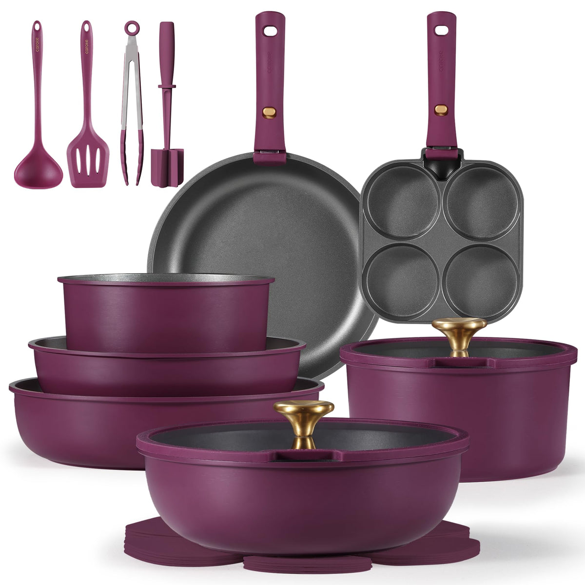 CAROTE 21-piece set with detachable handles for space-saving storage.