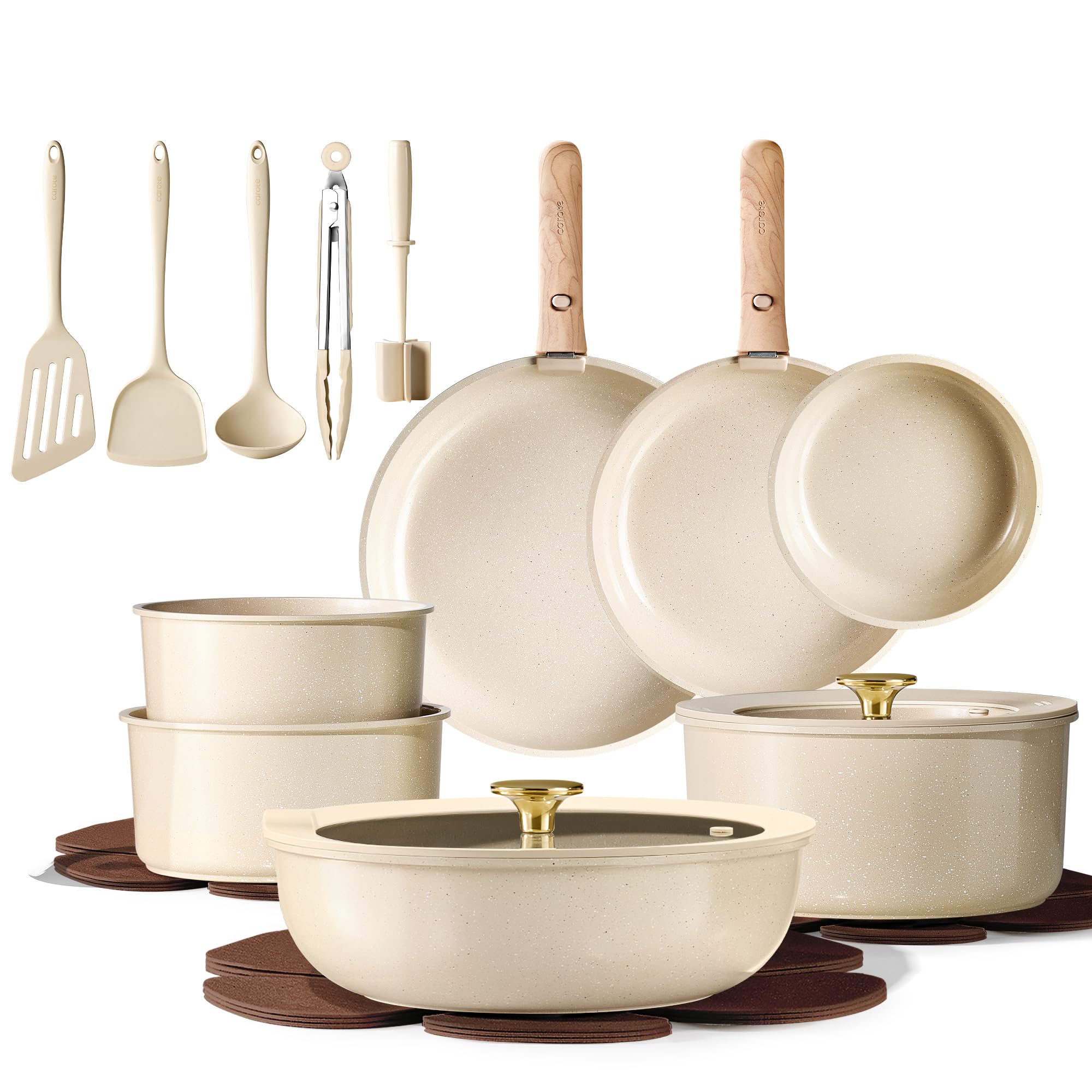 CAROTE 22-piece pots and pans set with non-stick coating.