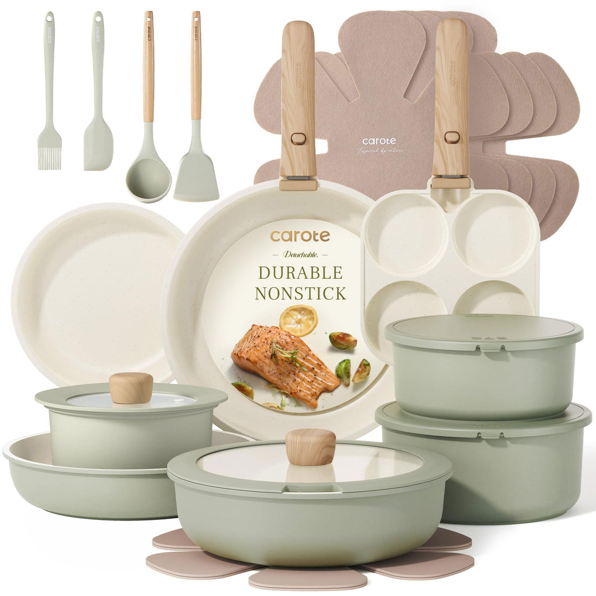 CAROTE 25pc set with detachable handle enabling compact storage and flexible cooking.