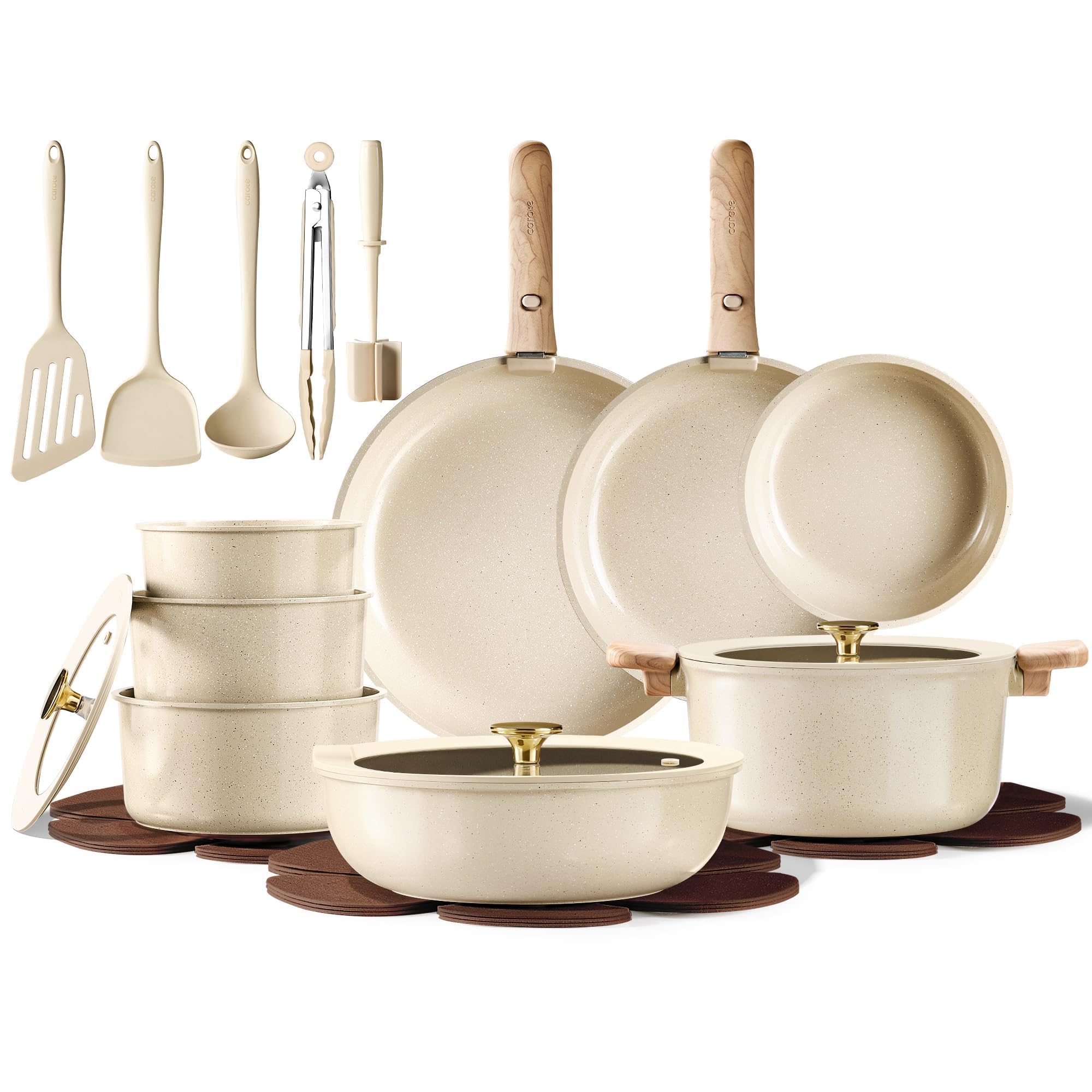 CAROTE 25-piece ceramic cookware set on counter for versatile everyday cooking