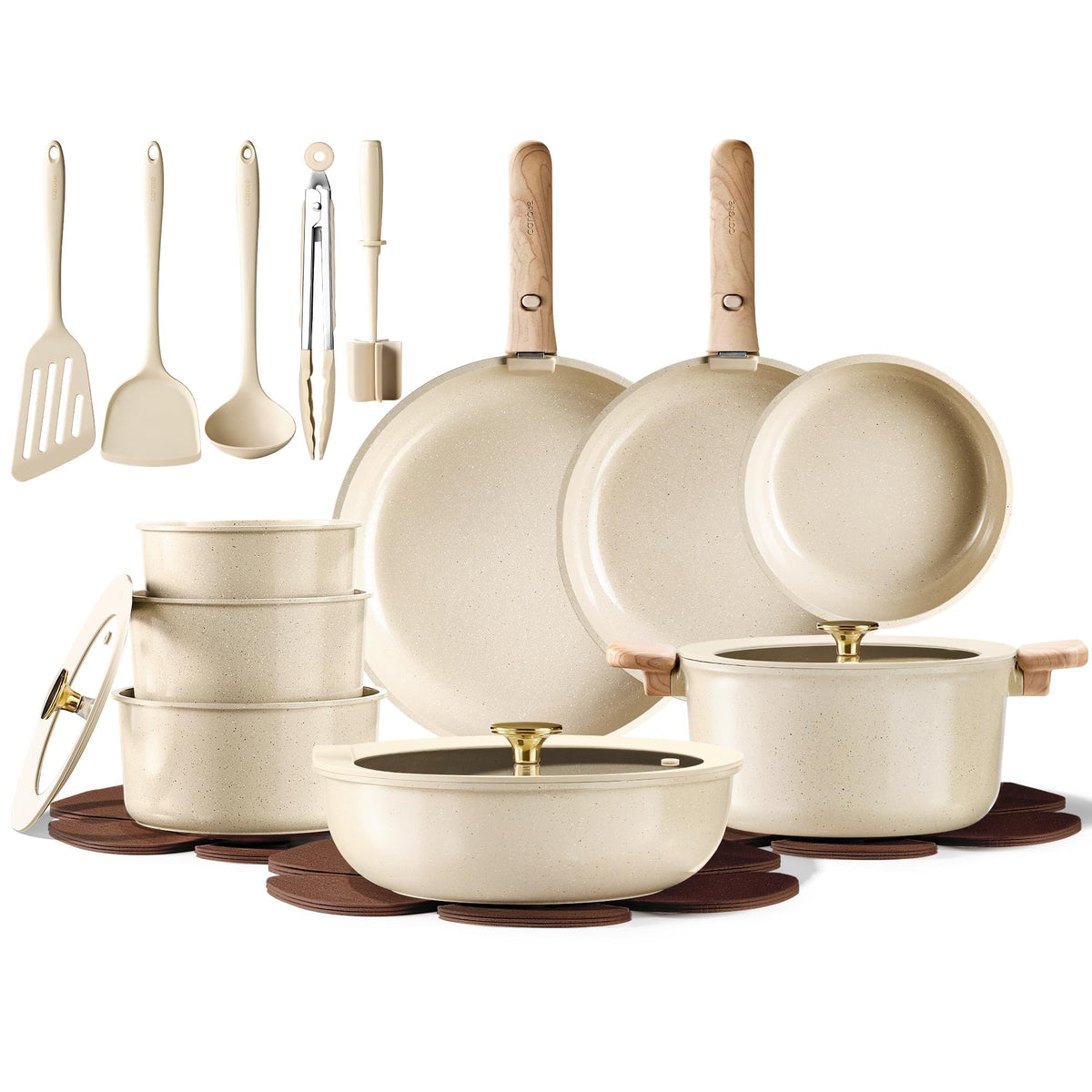 CAROTE 25-piece ceramic cookware set on counter for versatile everyday cooking