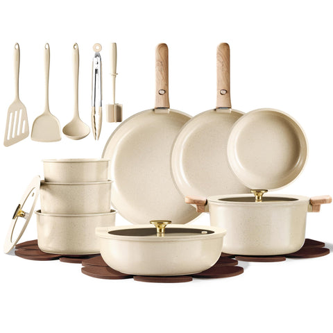 CAROTE 25-piece ceramic cookware set on counter for versatile everyday cooking