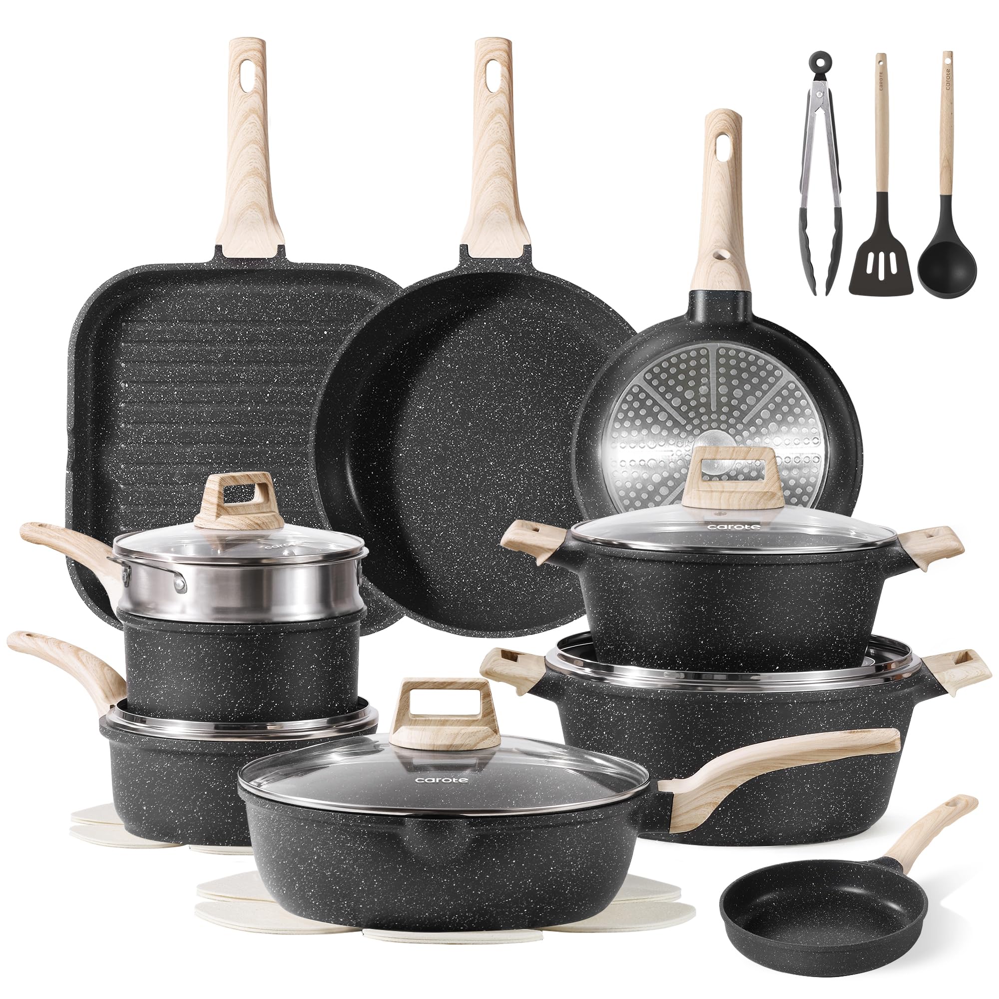 CAROTE 26Pcs cookware set top view with durable nonstick surface for easy cooking.